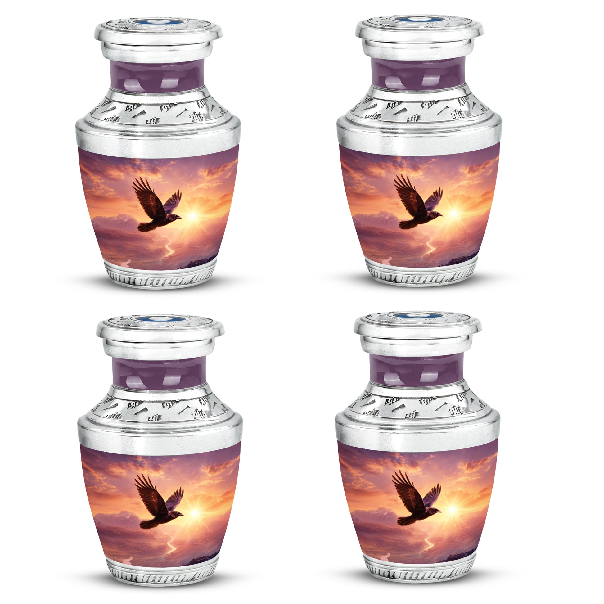 Soft Pink Crow Cremation Urn back view with polished surface - artistic crow interpretation with creative detail - 10 inch aluminum urn for cremated remains