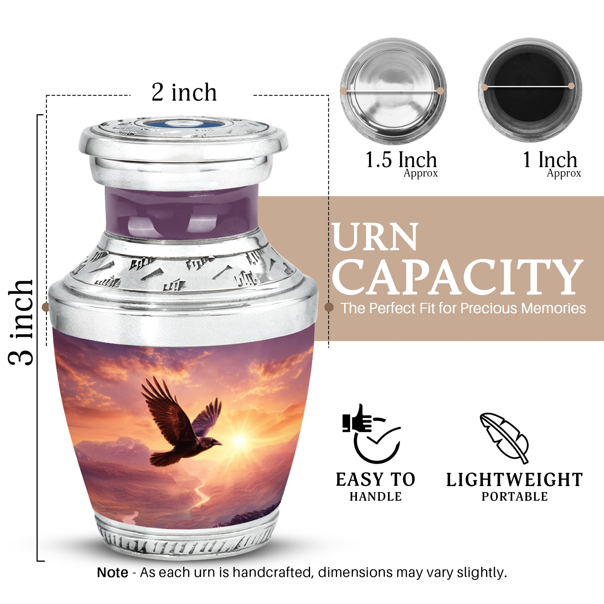 Petal Pink Crow Cremation Urn top-down view of secure threaded lid - stylized abstract crow pattern with bold lines - mini keepsake memorial for portion of cremation ashes