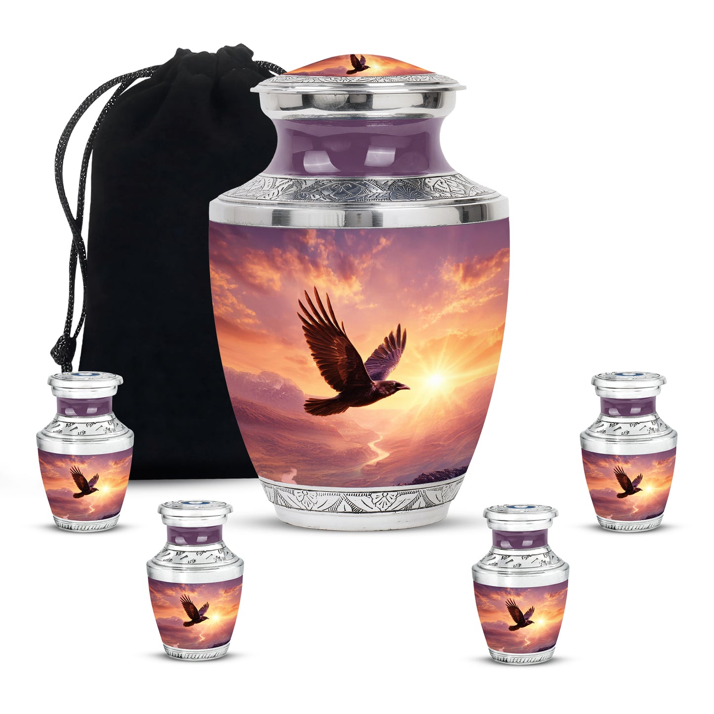 Petal Pink Crow Cremation Urn lifestyle display on memorial shelf - stylized abstract crow pattern with bold lines - memorial set with one large and four small urns
