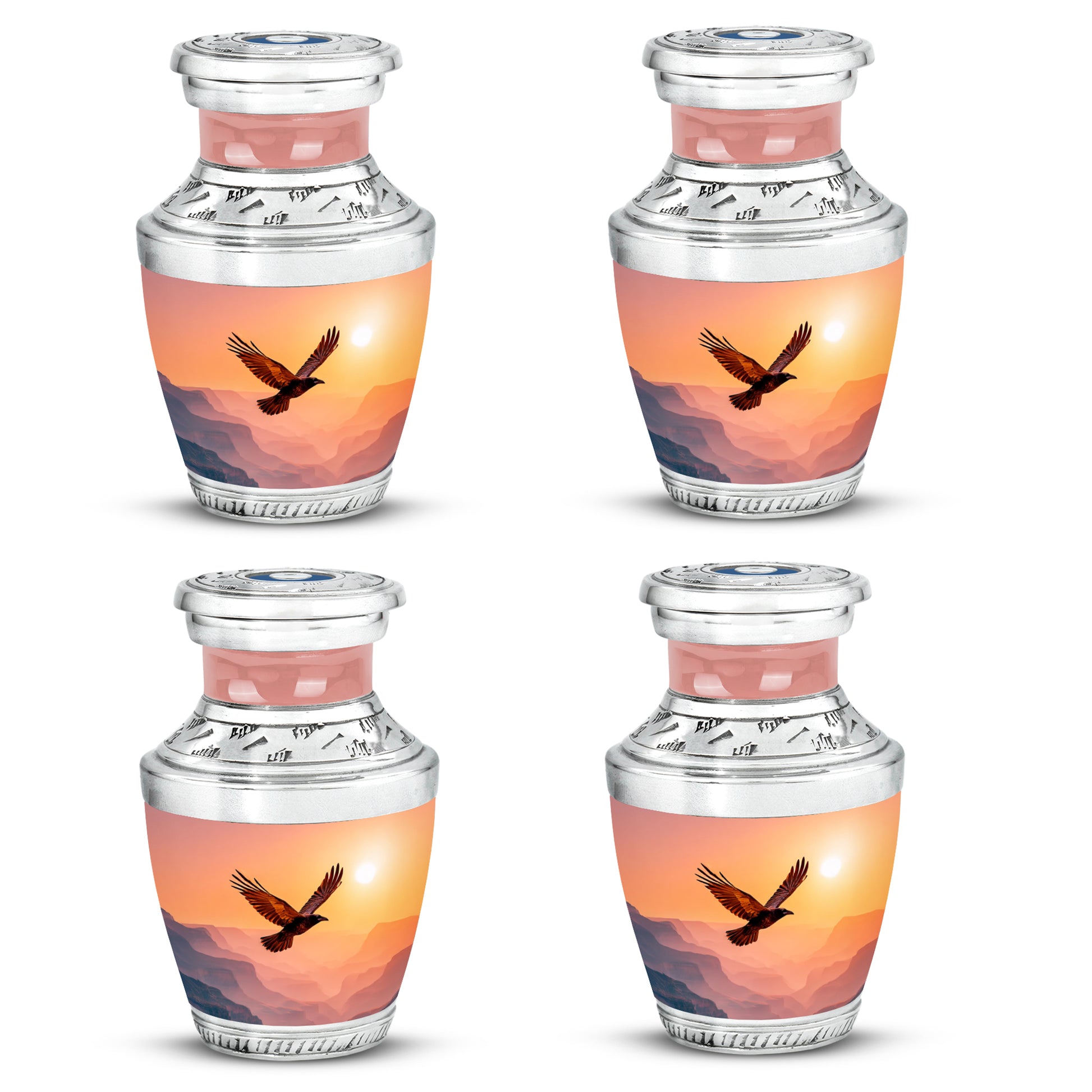 Deep Red Crow Cremation Urn back view with polished surface - contemporary crow design with modern artistic flair - 10 inch aluminum urn for cremated remains
