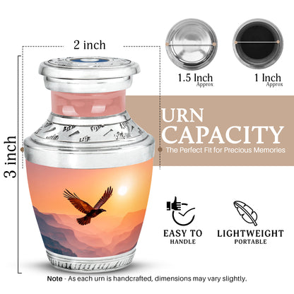 Fiery Red Crow Cremation Urn top-down view of secure threaded lid - artistic crow interpretation with creative detail - mini keepsake memorial for portion of cremation ashes