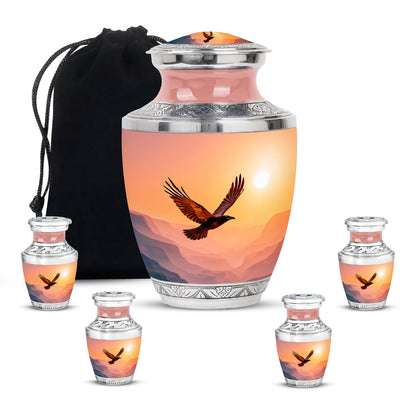 Scarlet Red Crow Cremation Urn lifestyle display on memorial shelf - stylized abstract crow pattern with bold lines - memorial set with one large and four small urns
