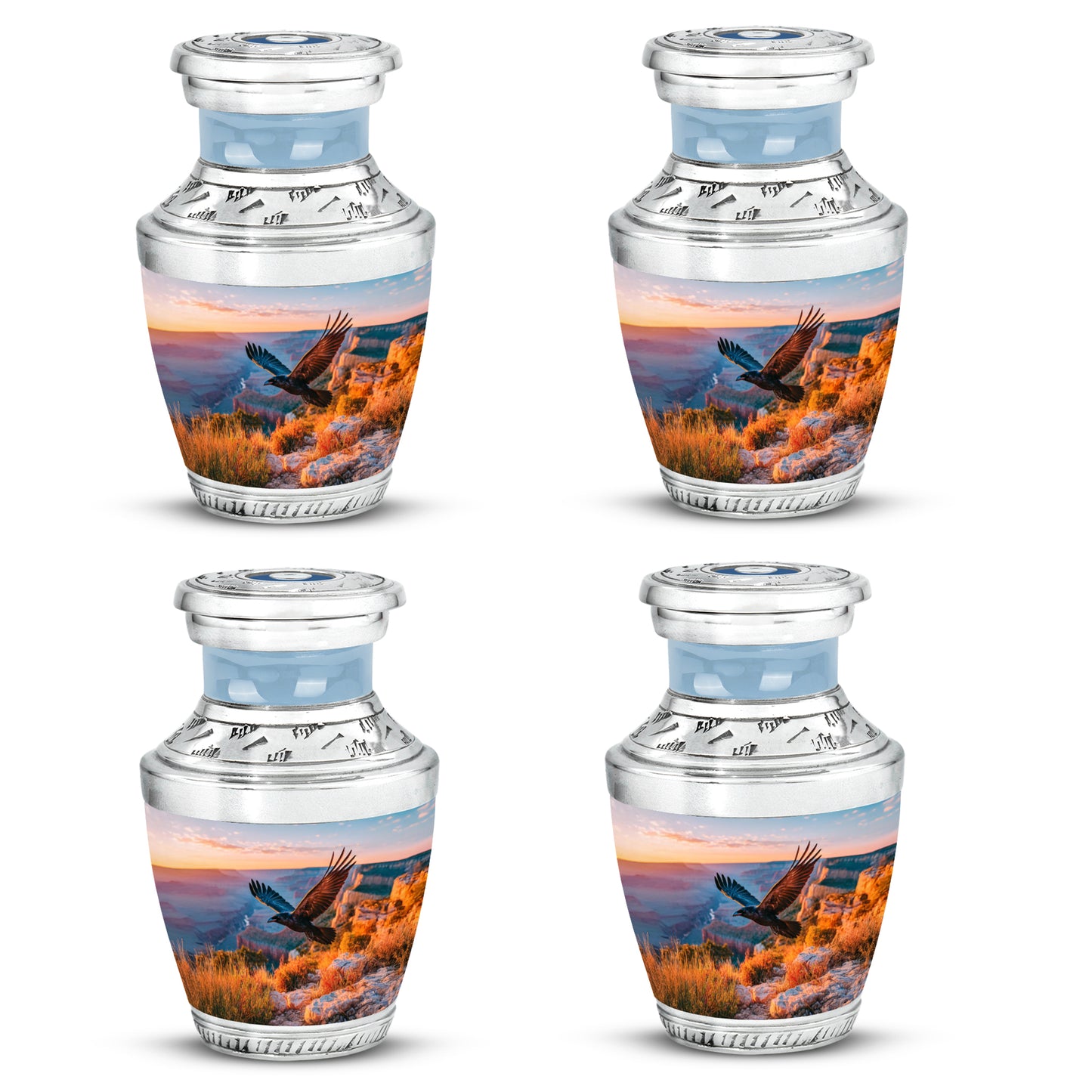 Steel Blue Crow Cremation Urn back view with polished surface - artistic crow interpretation with creative detail - 10 inch aluminum urn for cremated remains