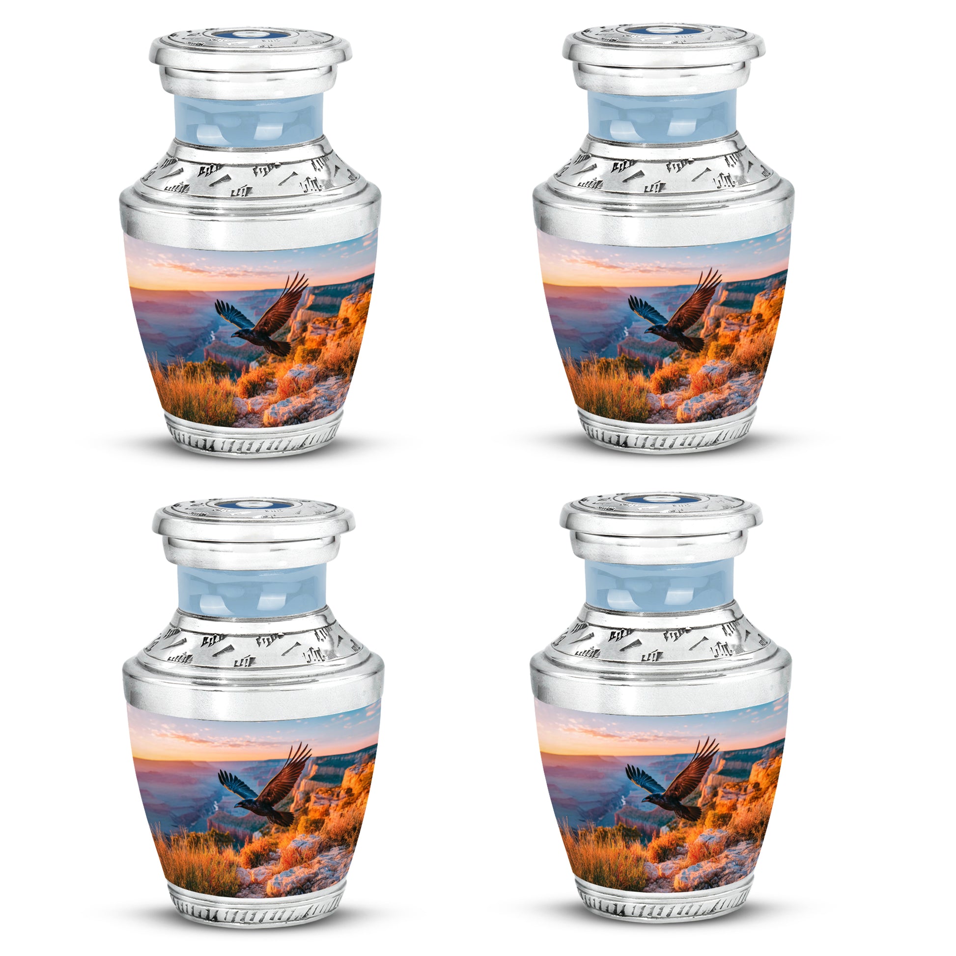 Steel Blue Crow Cremation Urn back view with polished surface - artistic crow interpretation with creative detail - 10 inch aluminum urn for cremated remains
