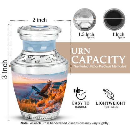 Calming Blue Crow Cremation Urn top-down view of secure threaded lid - artistic crow interpretation with creative detail - mini keepsake memorial for portion of cremation ashes