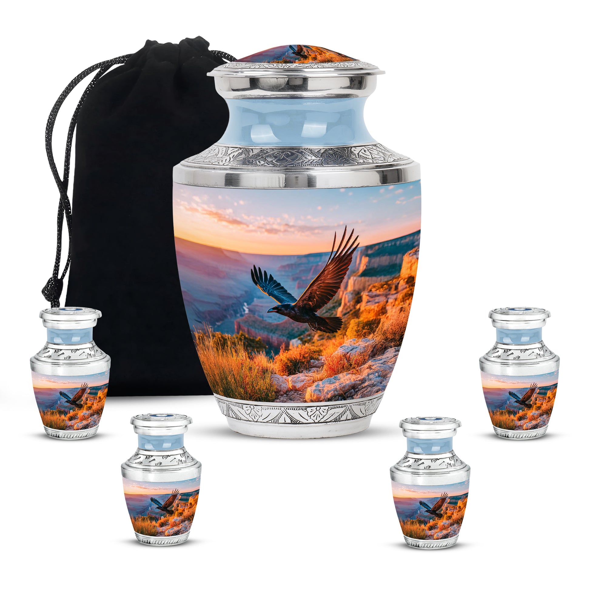 Cobalt Blue Crow Cremation Urn lifestyle display on memorial shelf - stylized abstract crow pattern with bold lines - memorial set with one large and four small urns