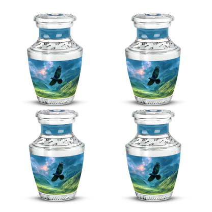 Powder Blue Crow Cremation Urn back view with polished surface - modern art-inspired crow motif on sleek aluminum - 10 inch aluminum urn for cremated remains