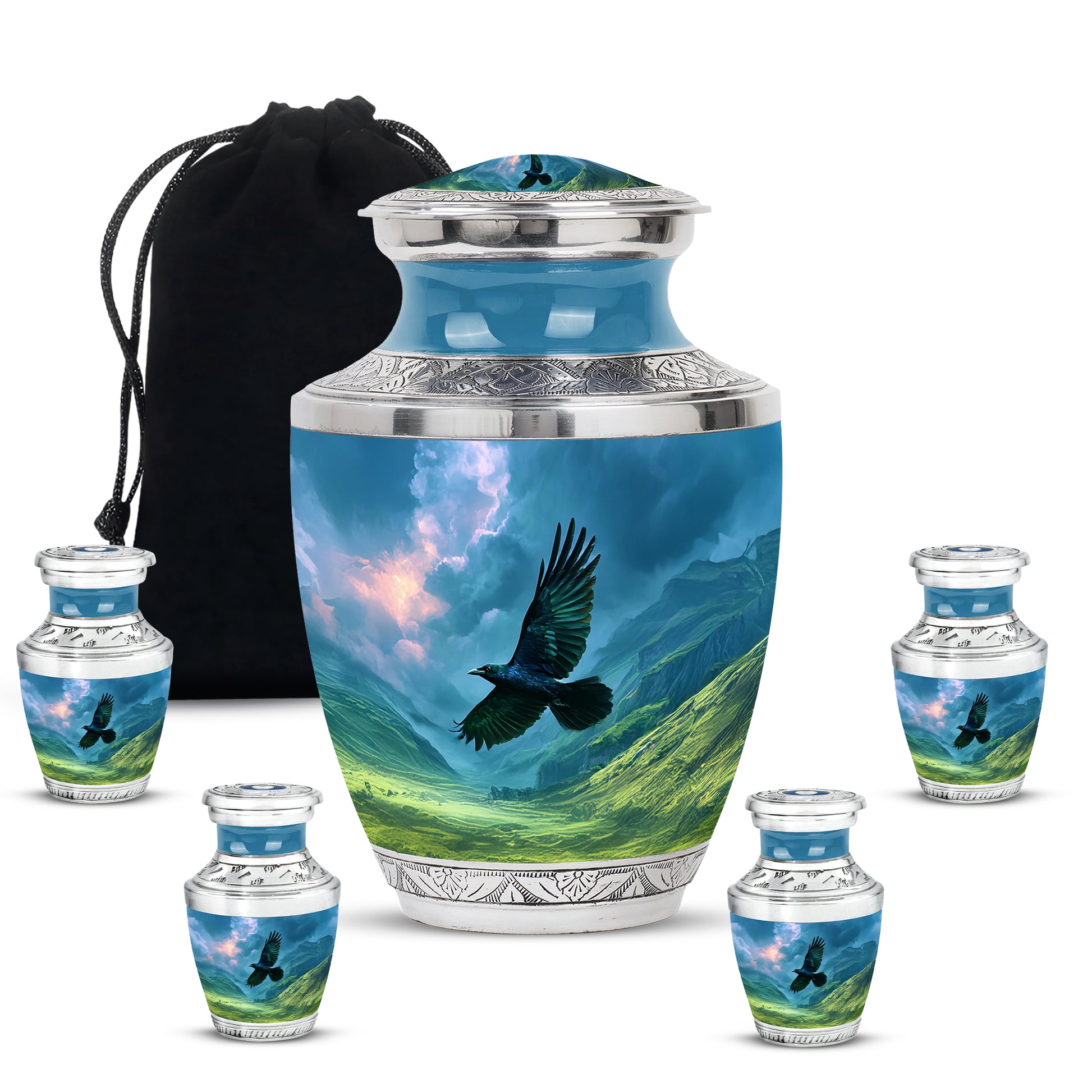 Dusty Blue Crow Cremation Urn lifestyle display on memorial shelf - contemporary crow design with modern artistic flair - memorial set with one large and four small urns