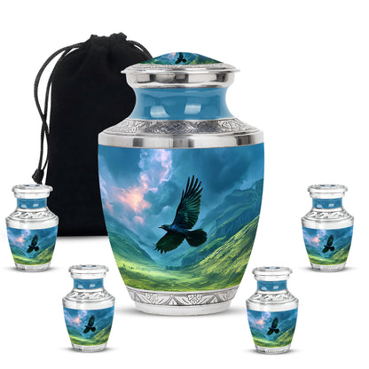 Dusty Blue Crow Cremation Urn lifestyle display on memorial shelf - contemporary crow design with modern artistic flair - memorial set with one large and four small urns