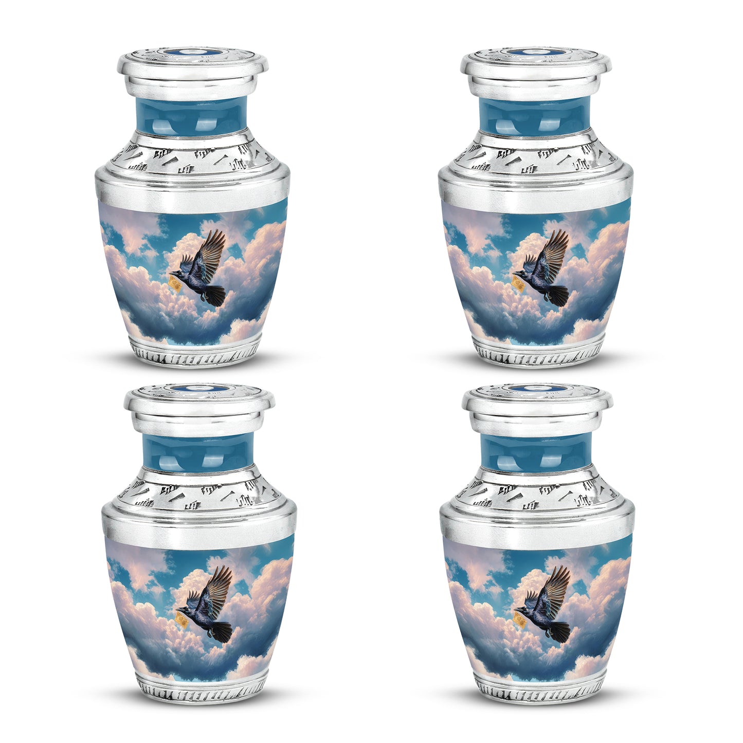 Navy Blue Crow Cremation Urn back view with polished surface - contemporary crow design with modern artistic flair - 10 inch aluminum urn for cremated remains
