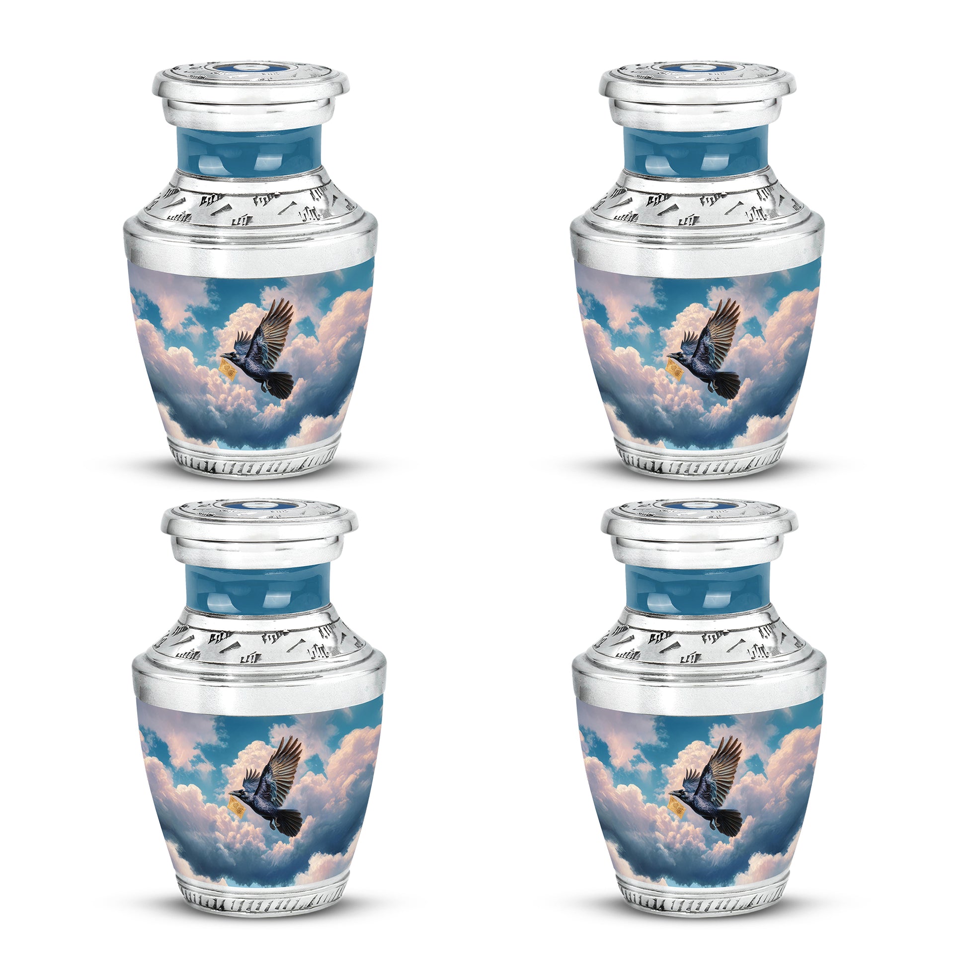 Navy Blue Crow Cremation Urn back view with polished surface - contemporary crow design with modern artistic flair - 10 inch aluminum urn for cremated remains