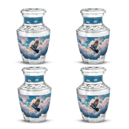 Navy Blue Crow Cremation Urn back view with polished surface - contemporary crow design with modern artistic flair - 10 inch aluminum urn for cremated remains