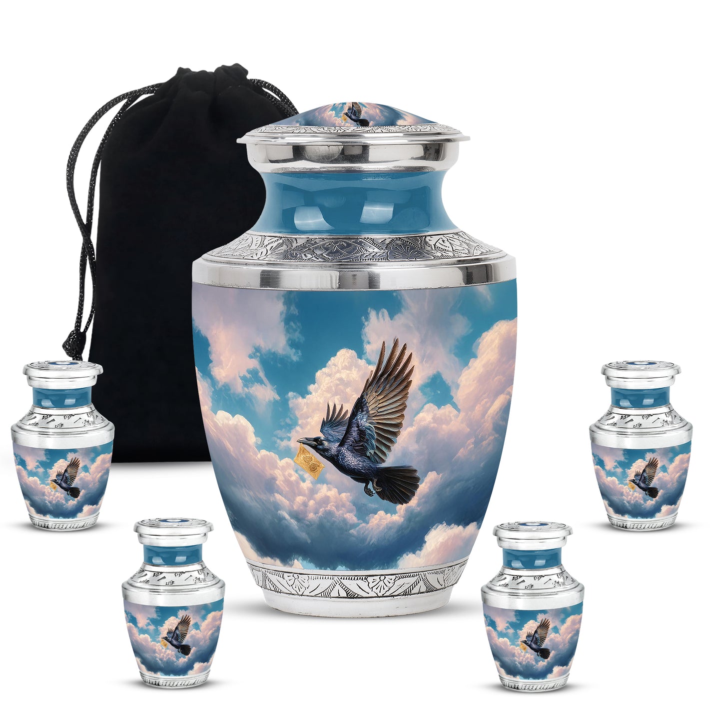 Bright Blue Crow Cremation Urn lifestyle display on memorial shelf - stylized abstract crow pattern with bold lines - memorial set with one large and four small urns
