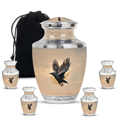 Sunrise Gold Crow Cremation Urn lifestyle display on memorial shelf - modern art-inspired crow motif on sleek aluminum - memorial set with one large and four small urns