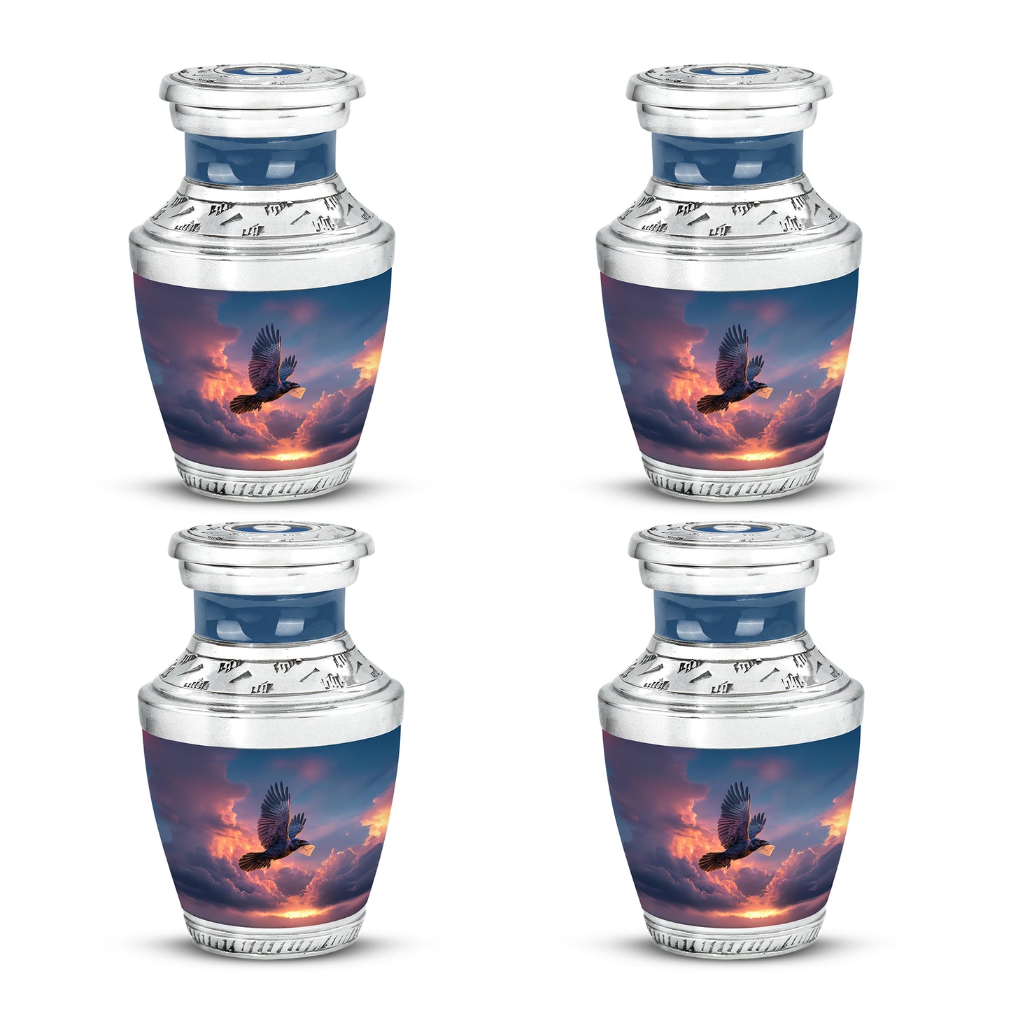 Royal Blue Crow Cremation Urn back view with polished surface - artistic crow interpretation with creative detail - 10 inch aluminum urn for cremated remains