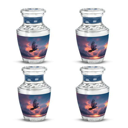 Royal Blue Crow Cremation Urn back view with polished surface - artistic crow interpretation with creative detail - 10 inch aluminum urn for cremated remains
