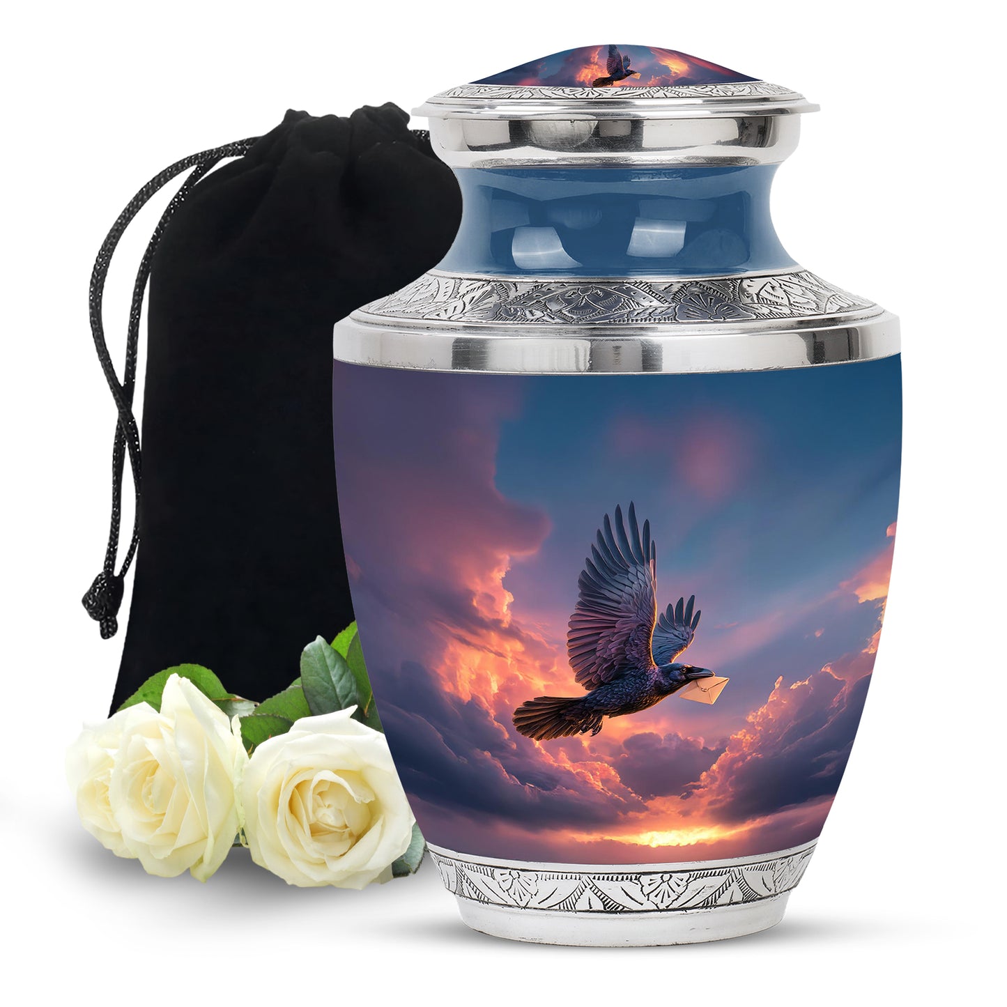 Pastel Blue Crow Cremation Urn side profile showing urn shape - modern art-inspired crow motif on sleek aluminum - full-size 10 inch 200 cubic inch adult cremation urn