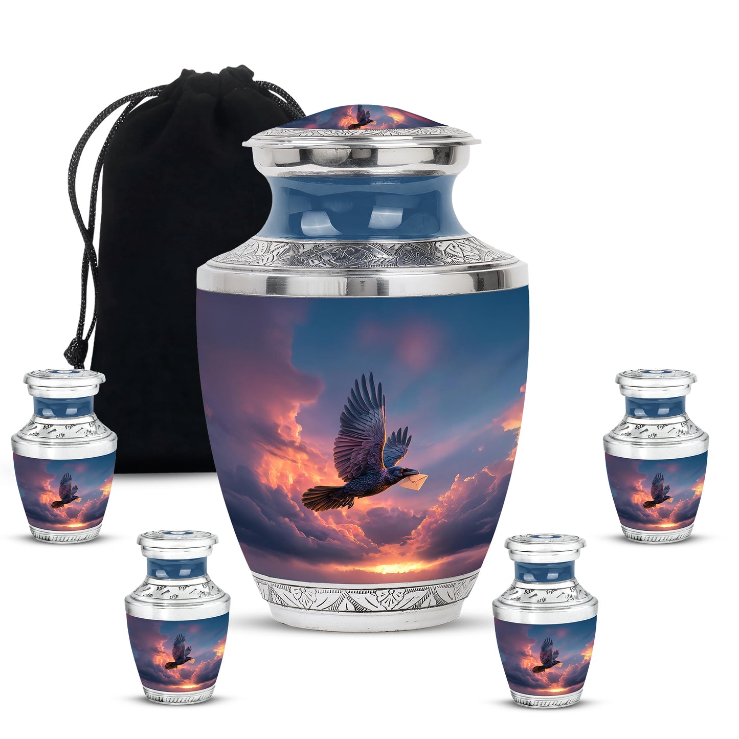 Vivid Blue Crow Cremation Urn lifestyle display on memorial shelf - artistic crow interpretation with creative detail - memorial set with one large and four small urns