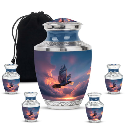 Vivid Blue Crow Cremation Urn lifestyle display on memorial shelf - artistic crow interpretation with creative detail - memorial set with one large and four small urns