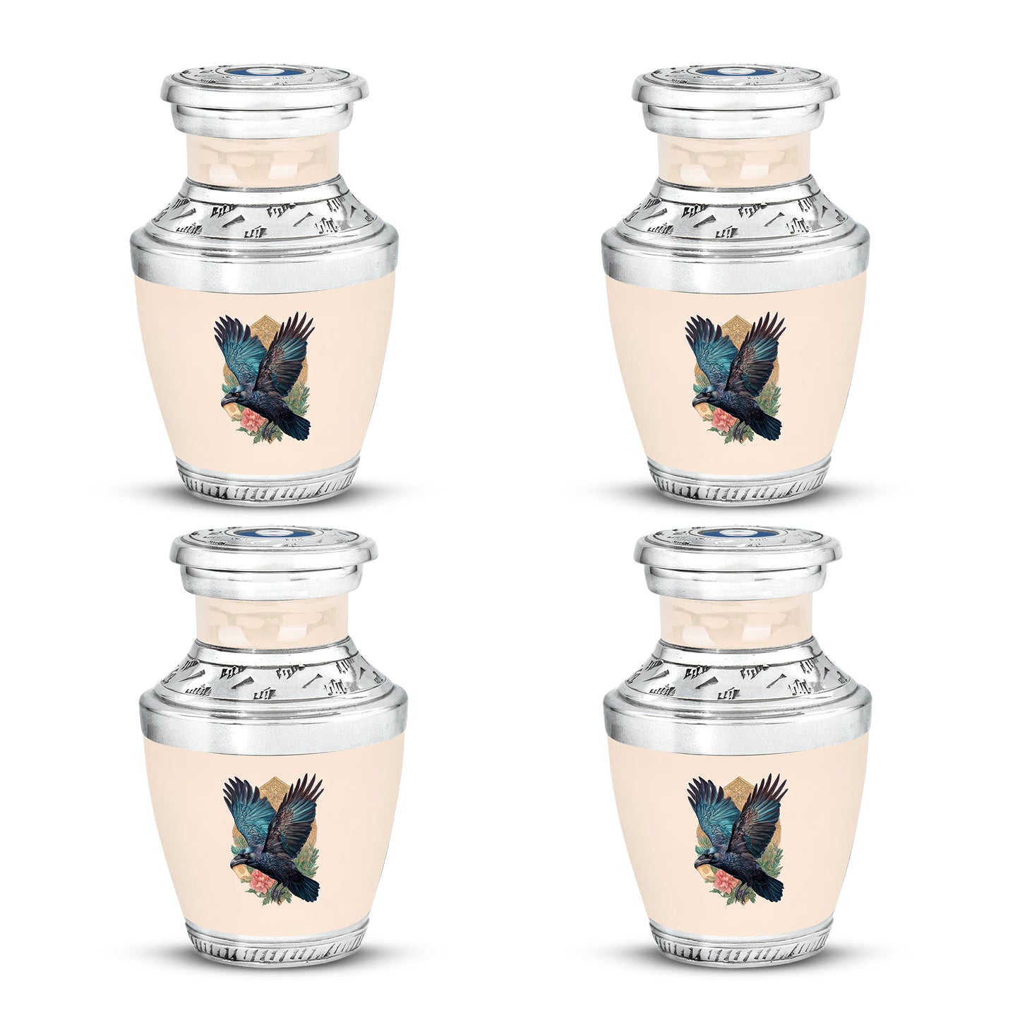 Harvest Gold Crow Cremation Urn back view with polished surface - stylized abstract crow pattern with bold lines - 10 inch aluminum urn for cremated remains