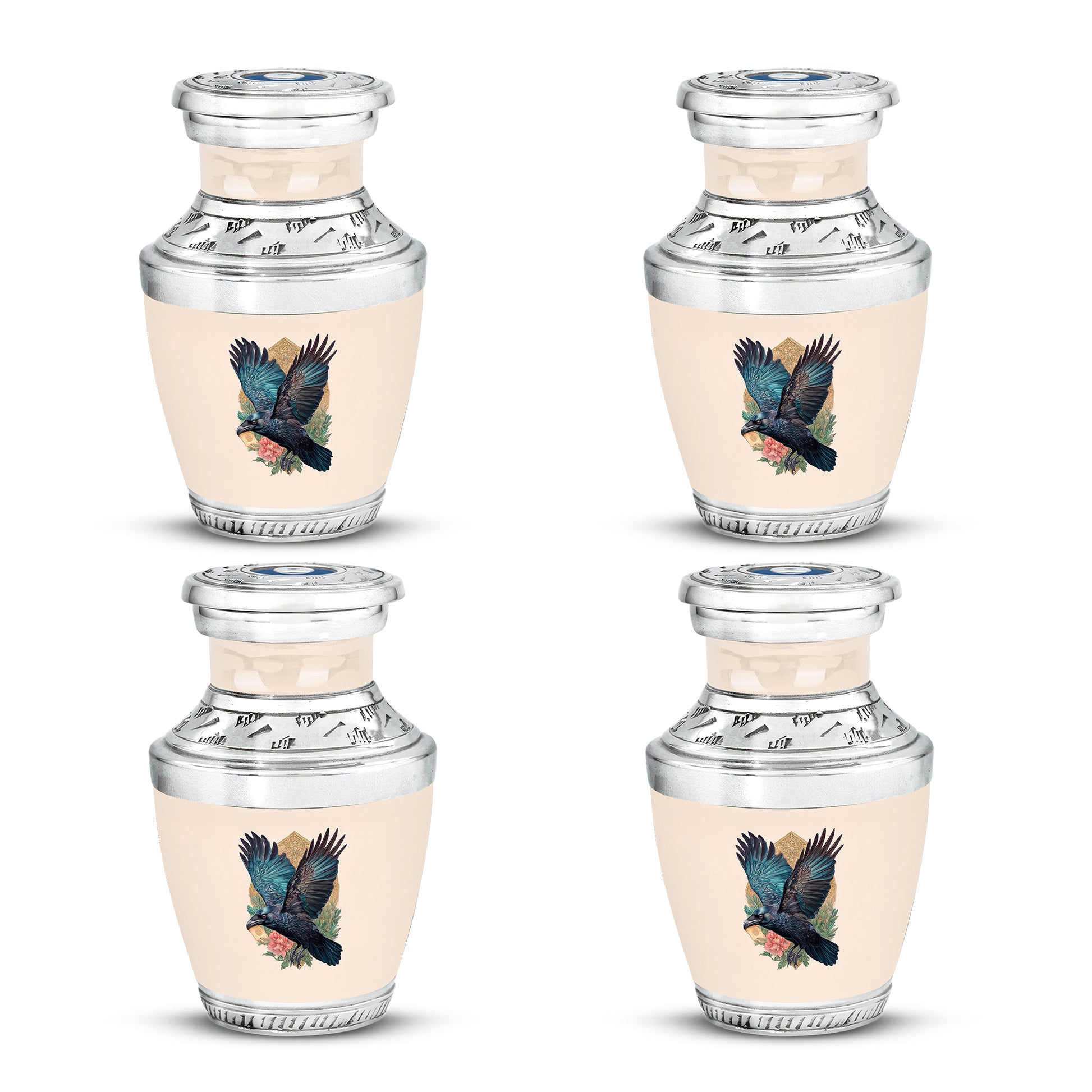 Harvest Gold Crow Cremation Urn back view with polished surface - stylized abstract crow pattern with bold lines - 10 inch aluminum urn for cremated remains