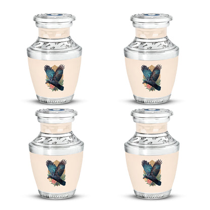 Harvest Gold Crow Cremation Urn back view with polished surface - stylized abstract crow pattern with bold lines - 10 inch aluminum urn for cremated remains