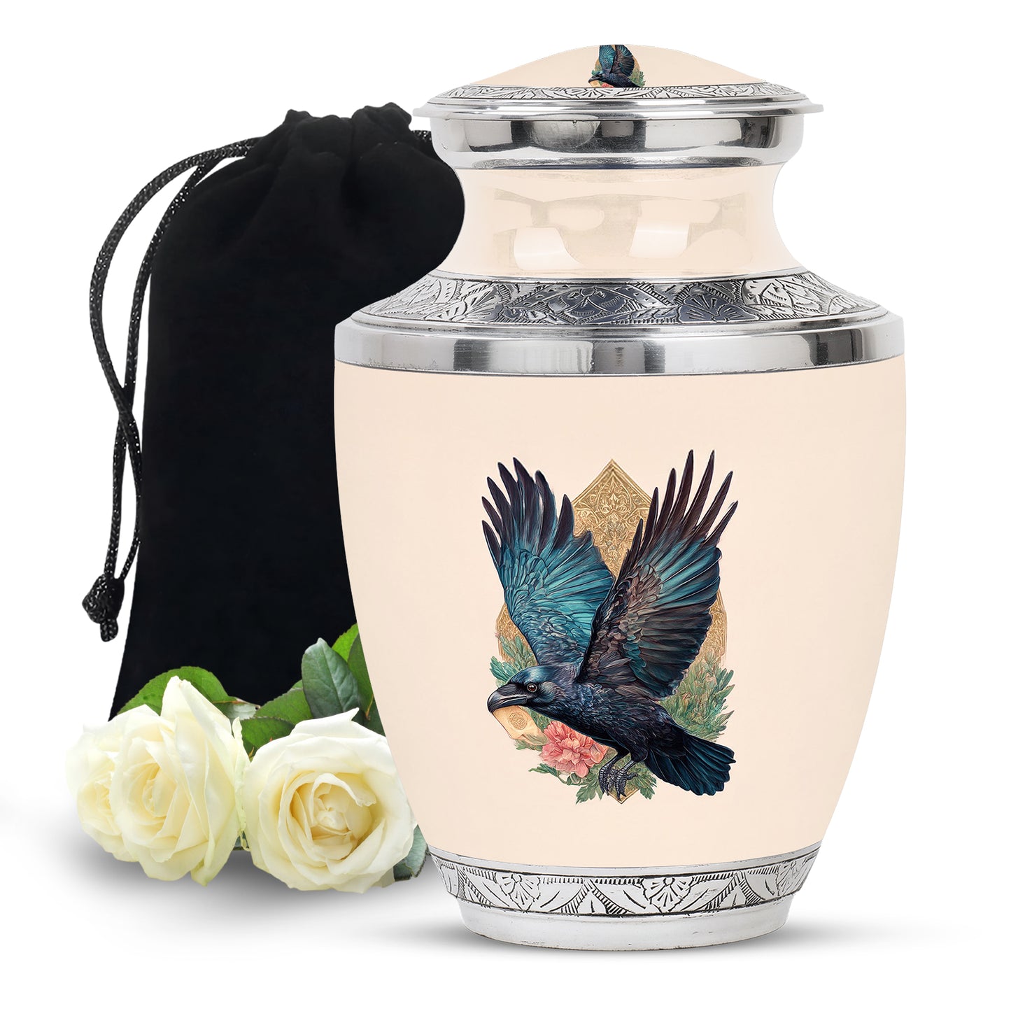 Gilded Gold Crow Cremation Urn side profile showing urn shape - modern art-inspired crow motif on sleek aluminum - full-size 10 inch 200 cubic inch adult cremation urn