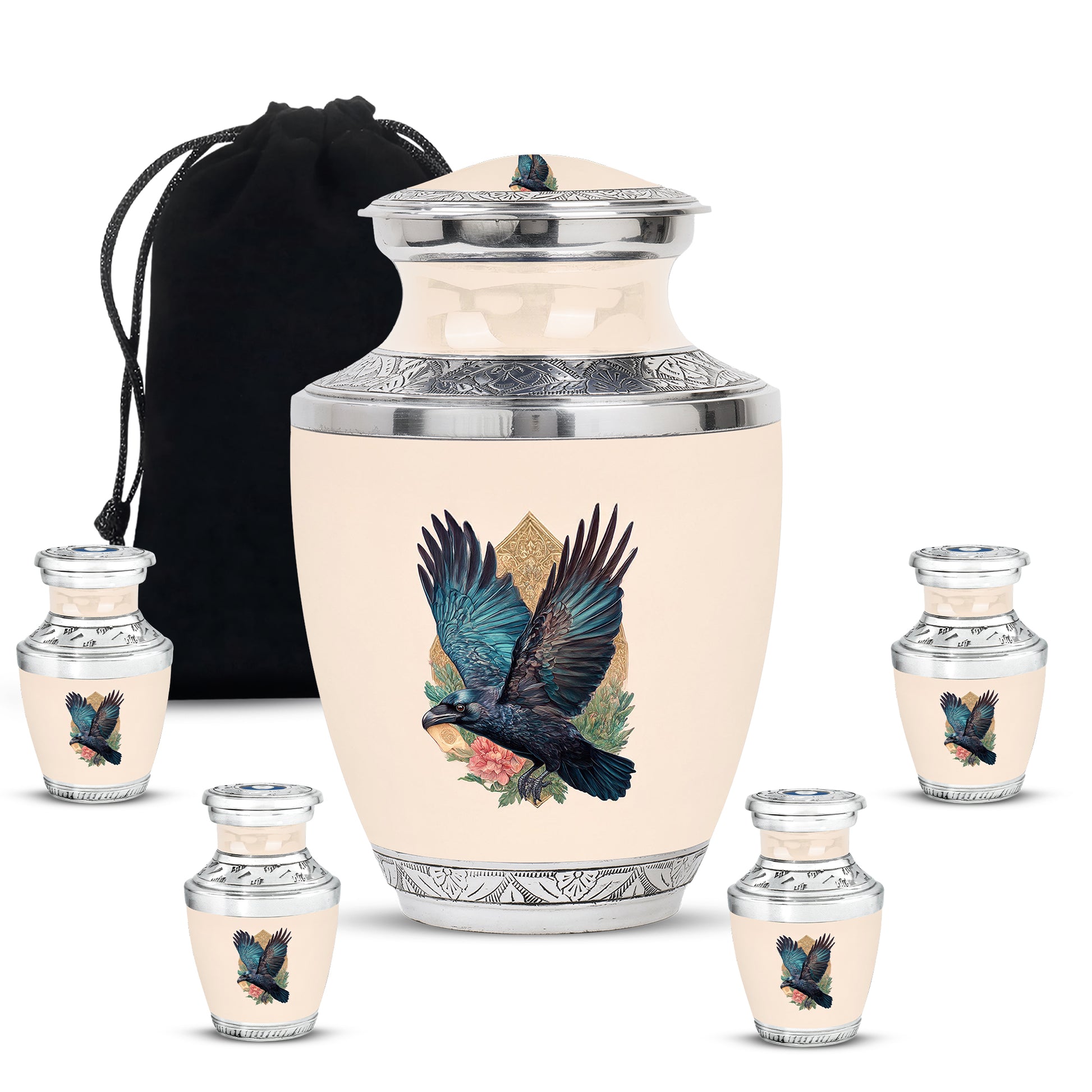 Matte Gold Crow Cremation Urn lifestyle display on memorial shelf - artistic crow interpretation with creative detail - memorial set with one large and four small urns