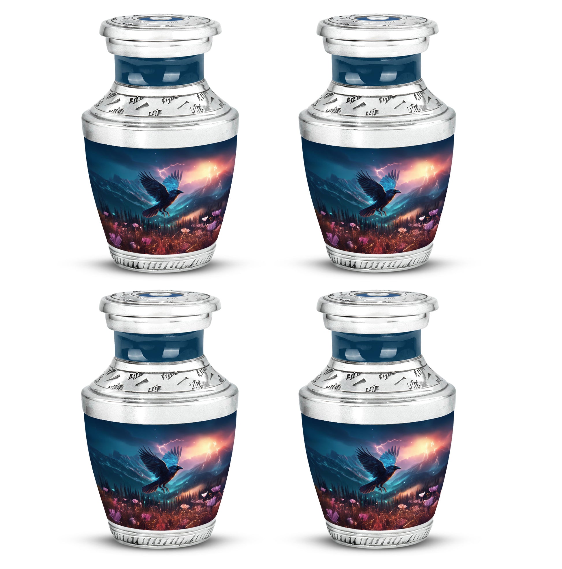 Navy Blue Crow Cremation Urn back view with polished surface - contemporary crow design with modern artistic flair - 10 inch aluminum urn for cremated remains