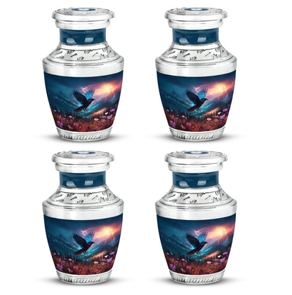 Navy Blue Crow Cremation Urn back view with polished surface - contemporary crow design with modern artistic flair - 10 inch aluminum urn for cremated remains