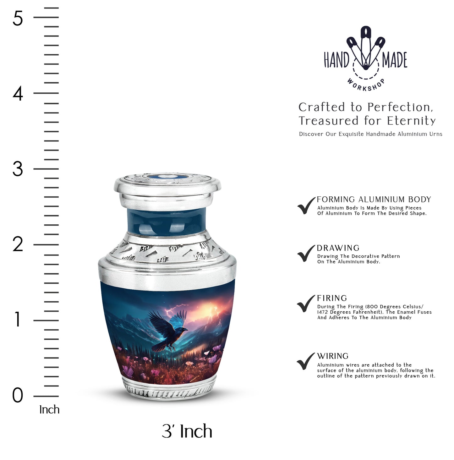 Bright Blue Crow Cremation Urn top-down view of secure threaded lid - stylized abstract crow pattern with bold lines - mini keepsake memorial for portion of cremation ashes