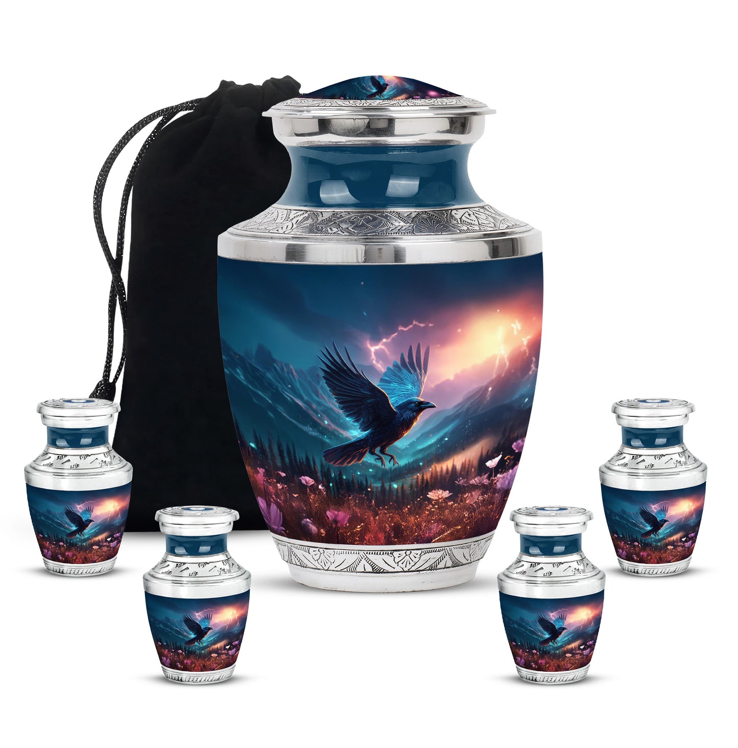 Navy Blue Crow Cremation Urn lifestyle display on memorial shelf - contemporary crow design with modern artistic flair - memorial set with one large and four small urns