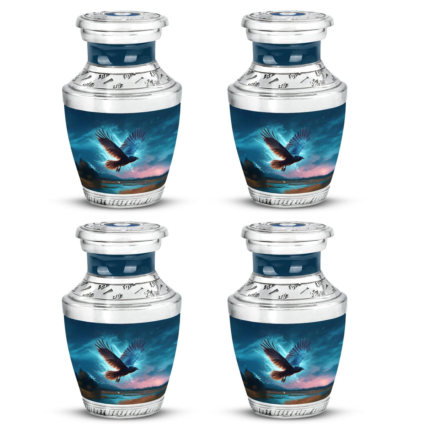 Bright Blue Crow Cremation Urn back view with polished surface - stylized abstract crow pattern with bold lines - 10 inch aluminum urn for cremated remains
