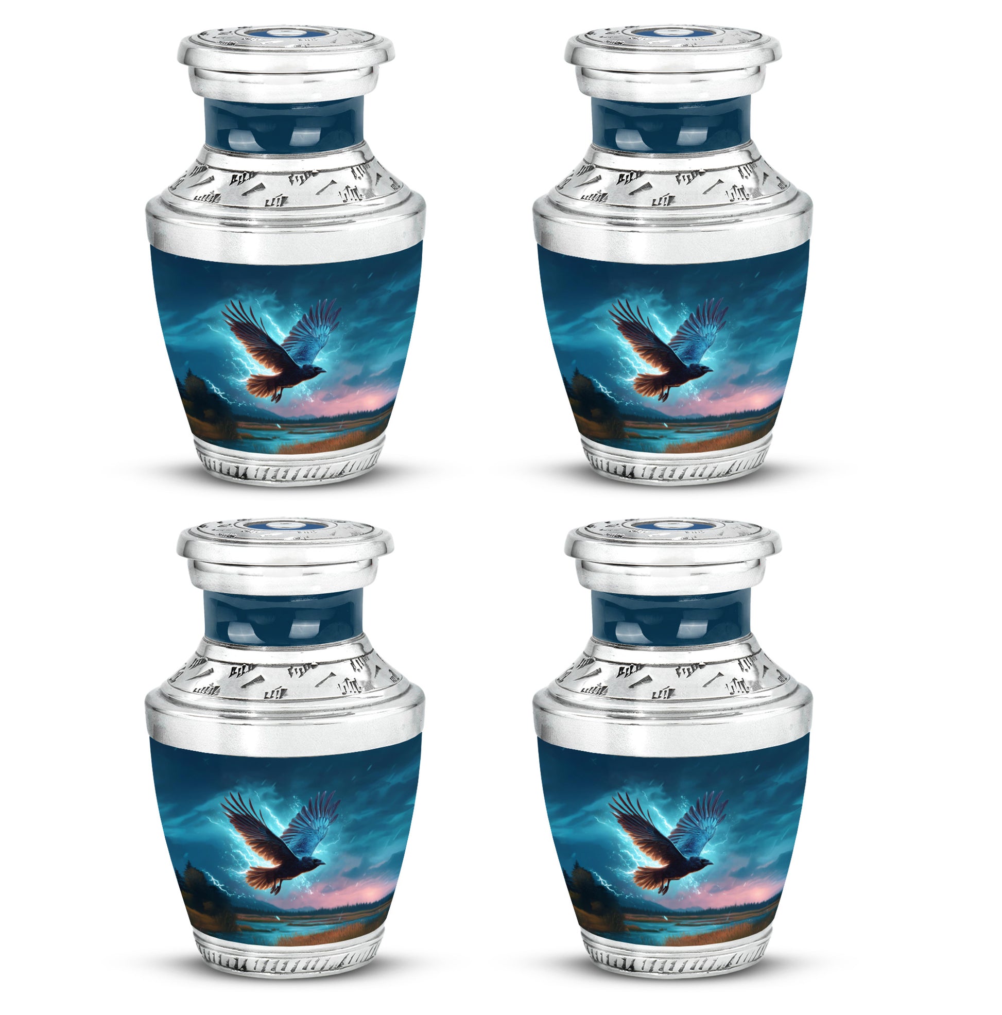 Bright Blue Crow Cremation Urn back view with polished surface - stylized abstract crow pattern with bold lines - 10 inch aluminum urn for cremated remains