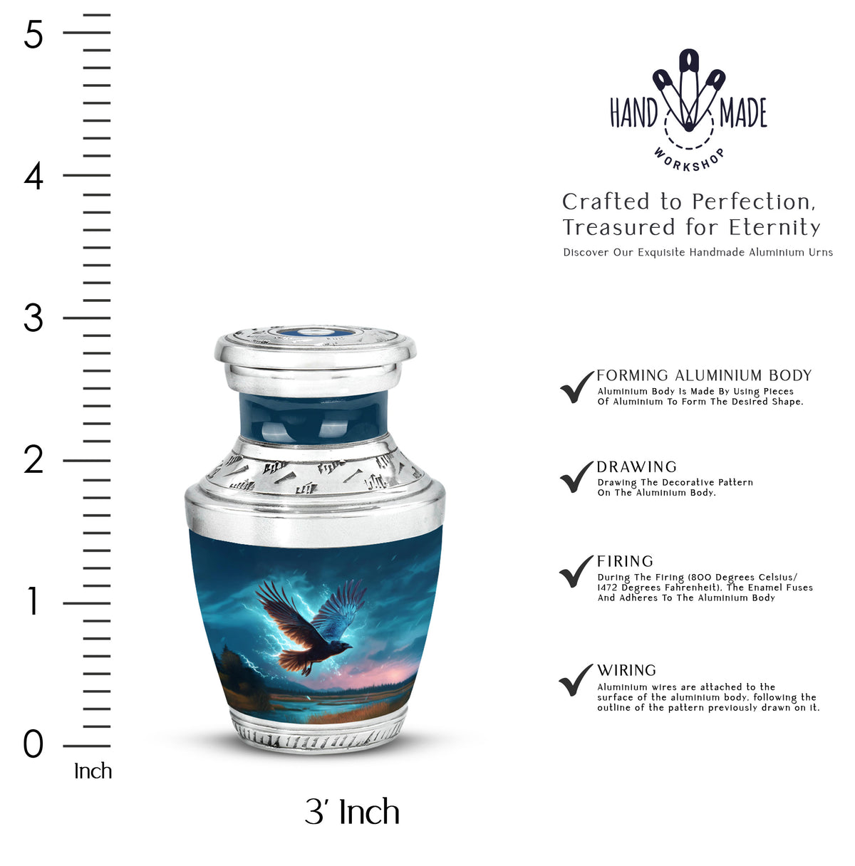 Calming Blue Crow Cremation Urn top-down view of secure threaded lid - stylized abstract crow pattern with bold lines - mini keepsake memorial for portion of cremation ashes