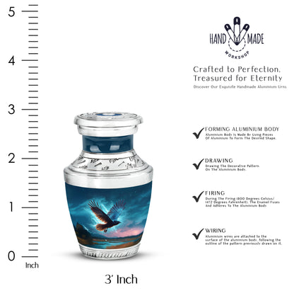 Calming Blue Crow Cremation Urn top-down view of secure threaded lid - stylized abstract crow pattern with bold lines - mini keepsake memorial for portion of cremation ashes