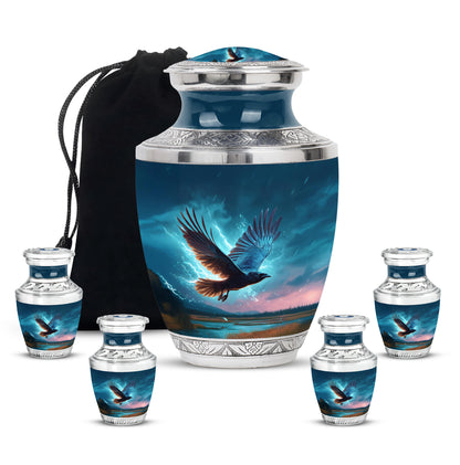 Indigo Crow Cremation Urn lifestyle display on memorial shelf - modern art-inspired crow motif on sleek aluminum - memorial set with one large and four small urns