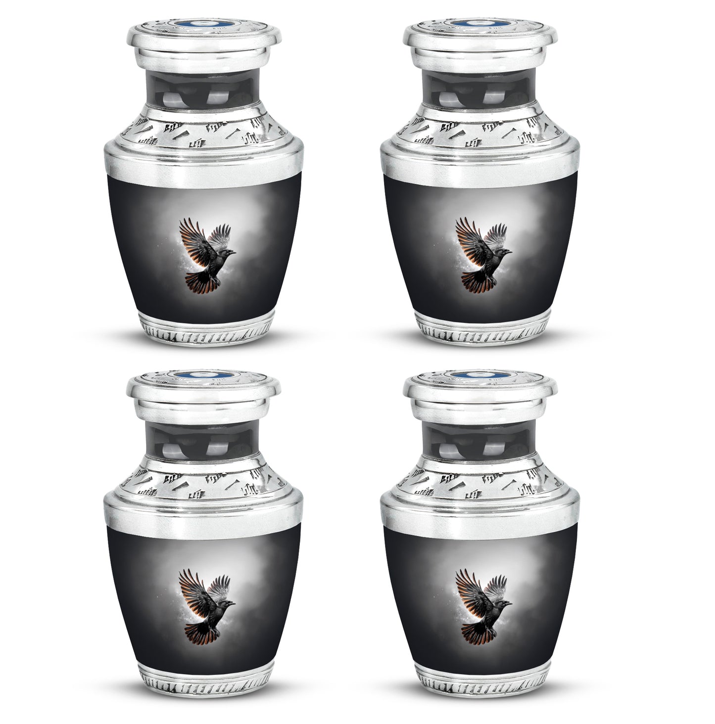 Jet Black Crow Cremation Urn back view with polished surface - modern art-inspired crow motif on sleek aluminum - 10 inch aluminum urn for cremated remains