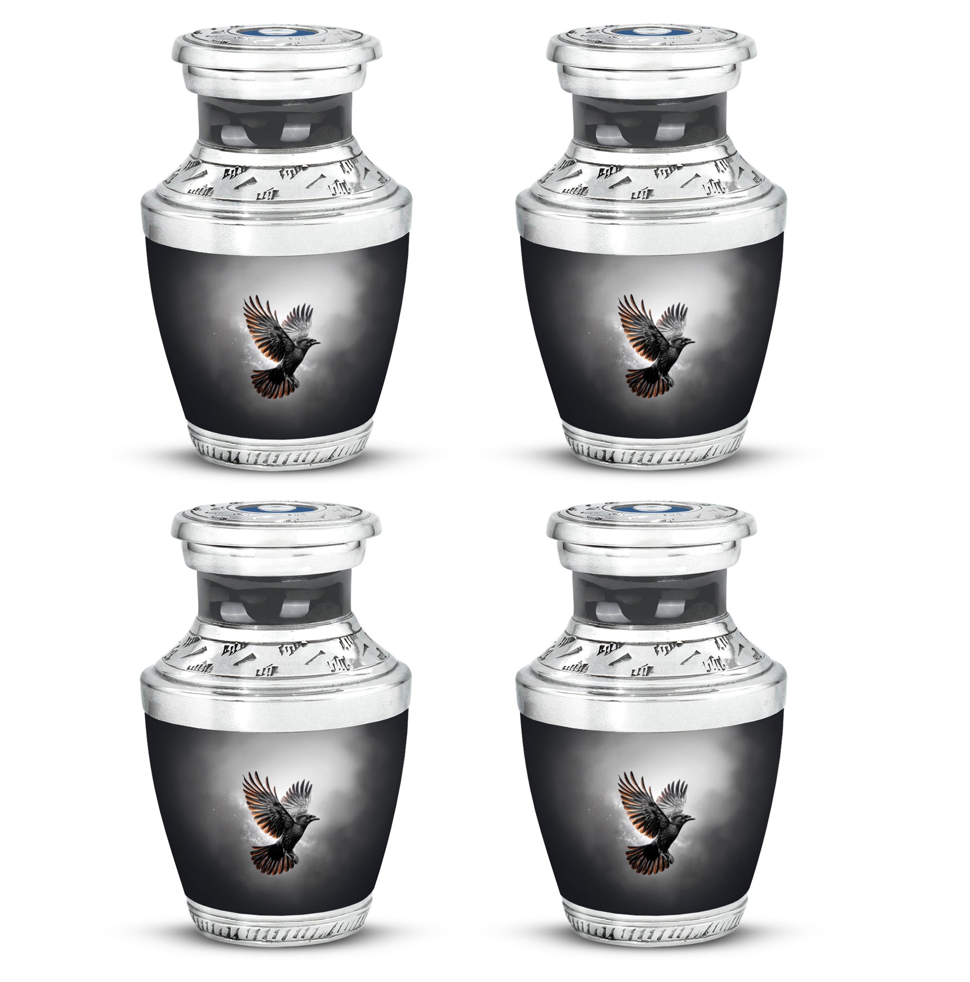 Jet Black Crow Cremation Urn back view with polished surface - modern art-inspired crow motif on sleek aluminum - 10 inch aluminum urn for cremated remains