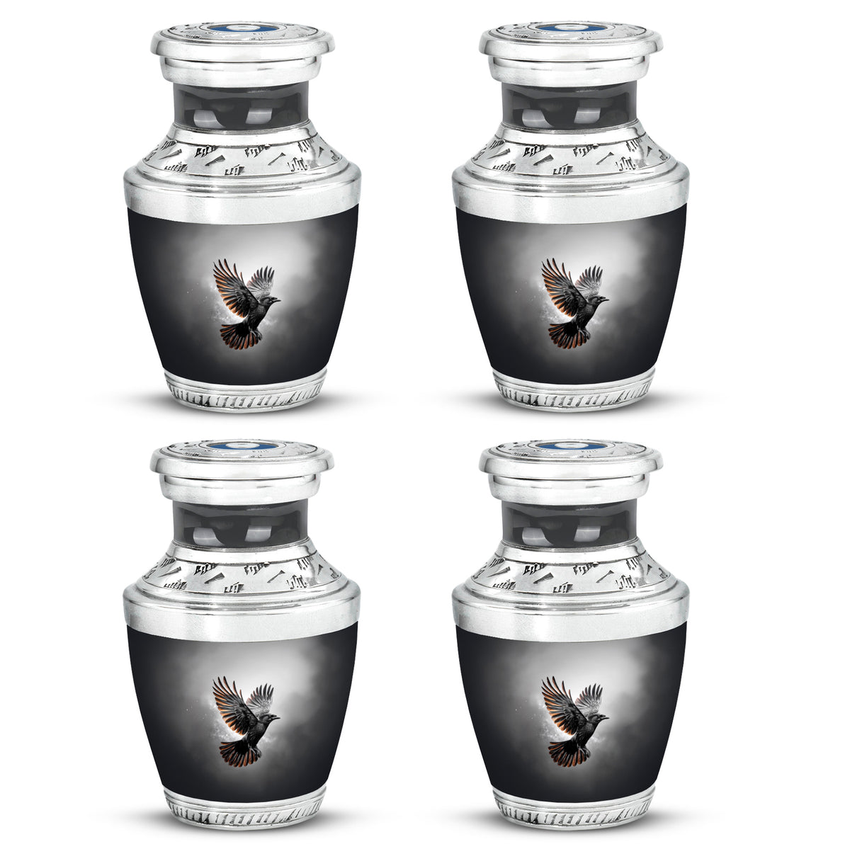Jet Black Crow Cremation Urn back view with polished surface - modern art-inspired crow motif on sleek aluminum - 10 inch aluminum urn for cremated remains