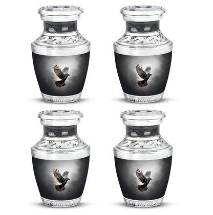 Jet Black Crow Cremation Urn back view with polished surface - modern art-inspired crow motif on sleek aluminum - 10 inch aluminum urn for cremated remains