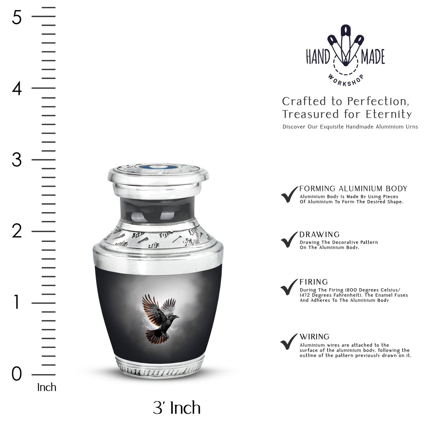Ebony Crow Cremation Urn top-down view of secure threaded lid - contemporary crow design with modern artistic flair - mini keepsake memorial for portion of cremation ashes