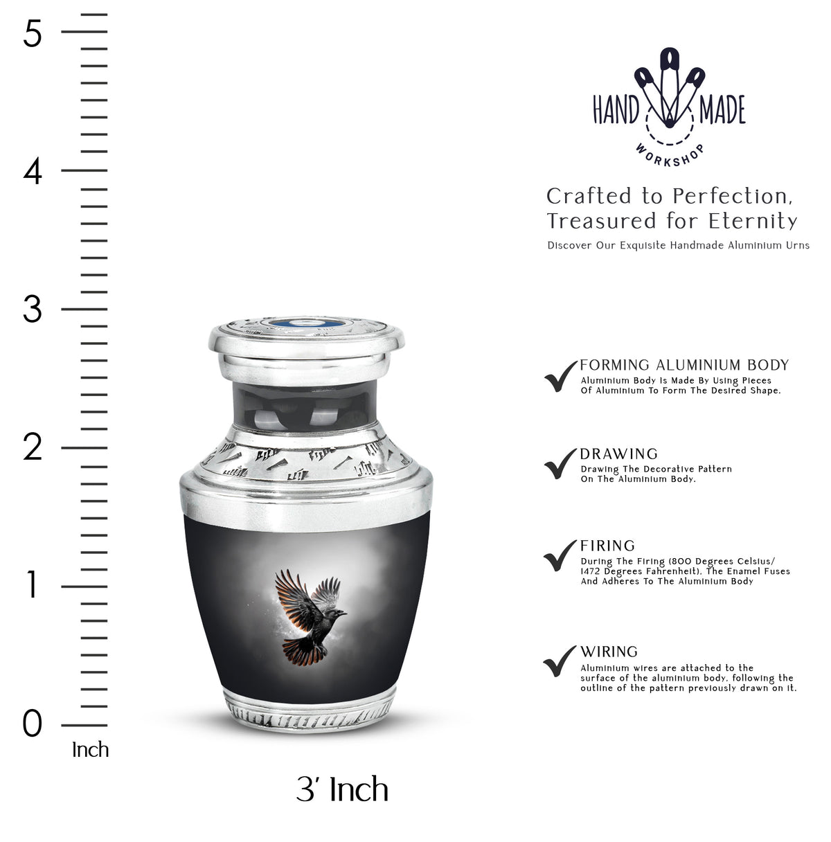 Ebony Crow Cremation Urn top-down view of secure threaded lid - contemporary crow design with modern artistic flair - mini keepsake memorial for portion of cremation ashes