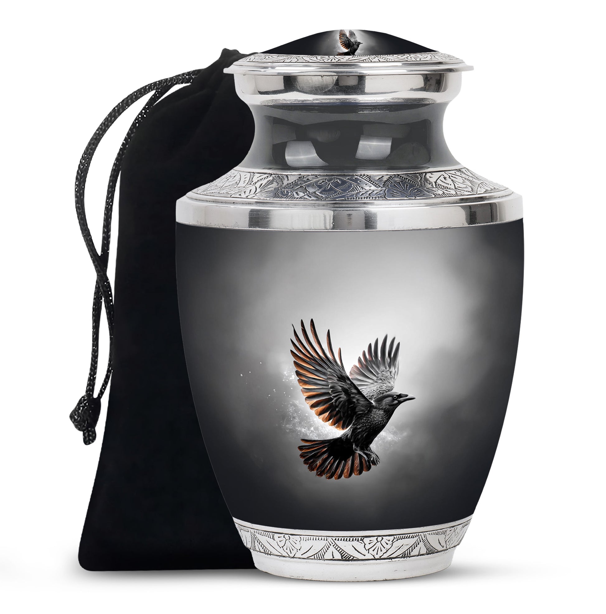 Onyx Black Crow Cremation Urn side profile showing urn shape - artistic crow interpretation with creative detail - full-size 10 inch 200 cubic inch adult cremation urn