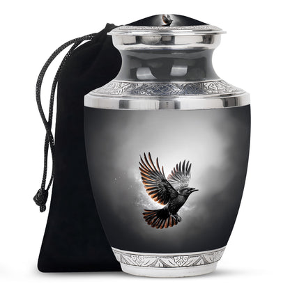 Onyx Black Crow Cremation Urn side profile showing urn shape - artistic crow interpretation with creative detail - full-size 10 inch 200 cubic inch adult cremation urn