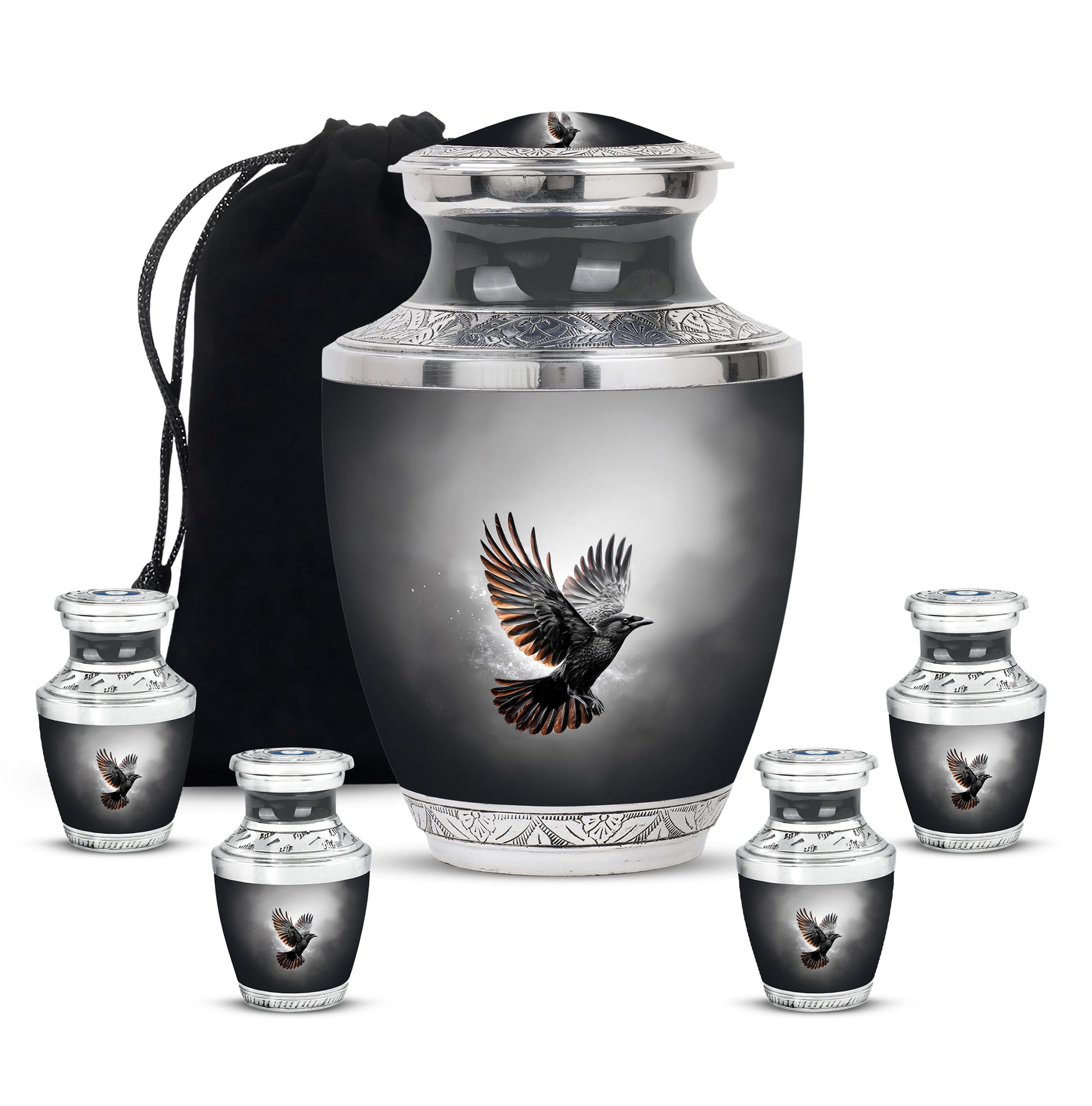 Dark Black Crow Cremation Urn lifestyle display on memorial shelf - stylized abstract crow pattern with bold lines - memorial set with one large and four small urns