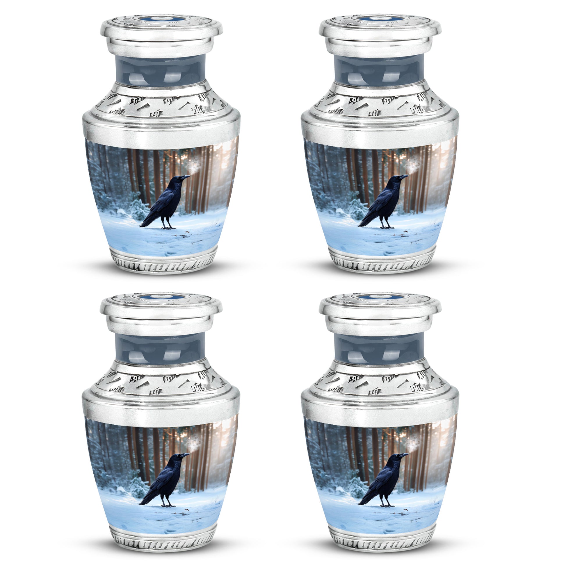 Indigo Crow Cremation Urn back view with polished surface - contemporary crow design with modern artistic flair - 10 inch aluminum urn for cremated remains