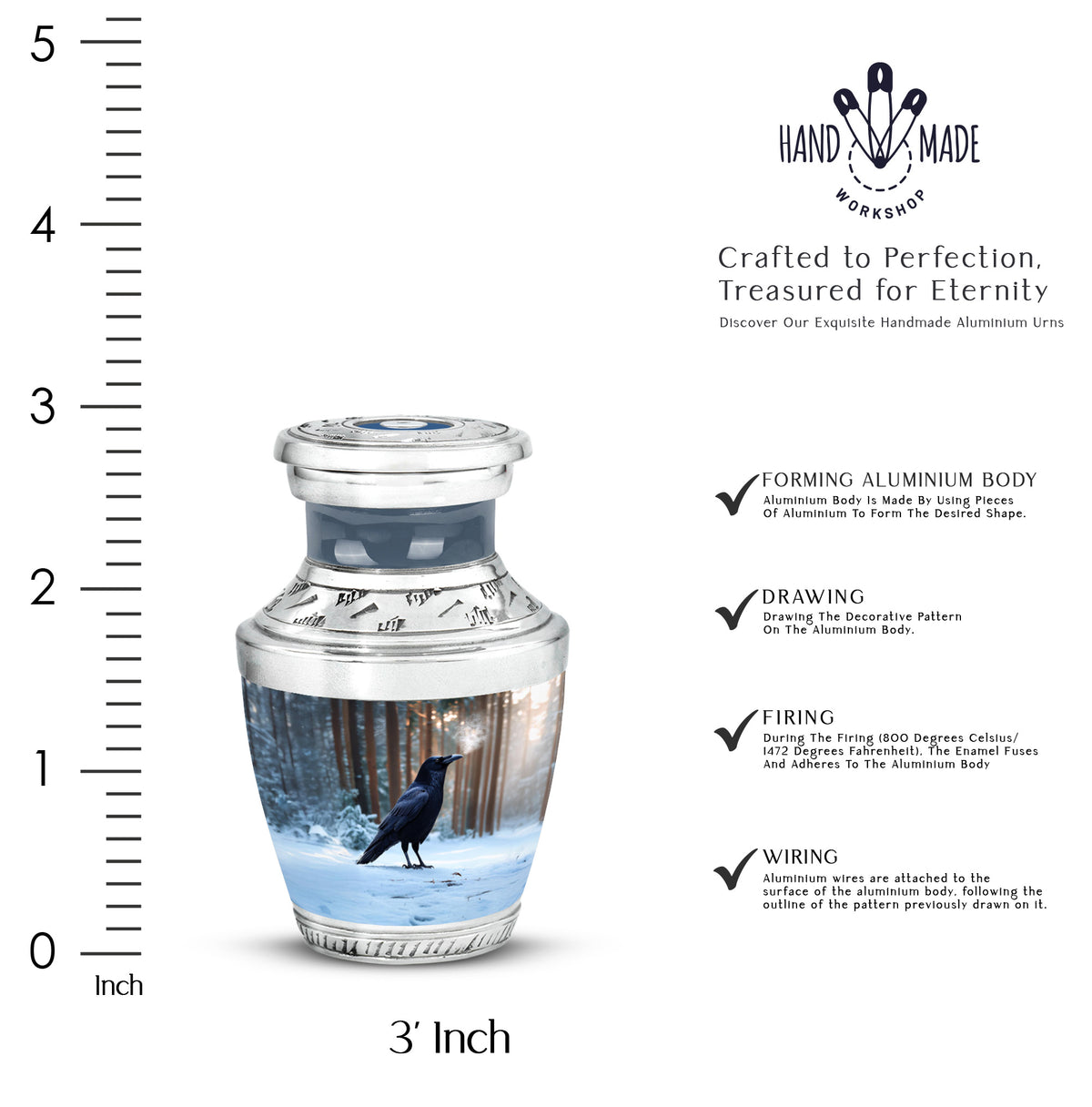 Dusty Blue Crow Cremation Urn top-down view of secure threaded lid - contemporary crow design with modern artistic flair - mini keepsake memorial for portion of cremation ashes