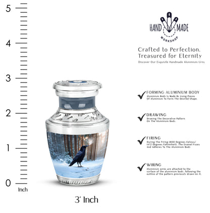 Dusty Blue Crow Cremation Urn top-down view of secure threaded lid - contemporary crow design with modern artistic flair - mini keepsake memorial for portion of cremation ashes