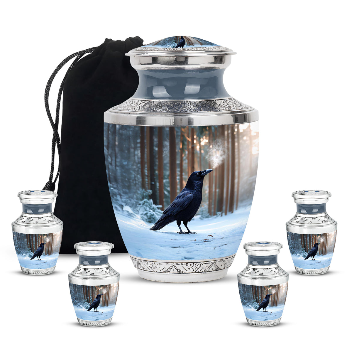 Cornflower Blue Crow Cremation Urn lifestyle display on memorial shelf - artistic crow interpretation with creative detail - memorial set with one large and four small urns
